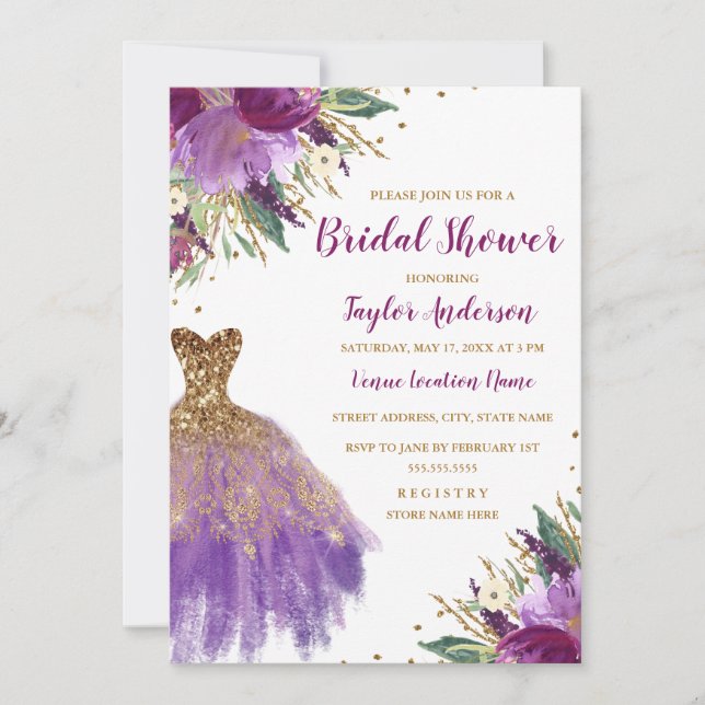 Elegant Glitter Amethyst Dress Bridal Shower Invitation (Front)