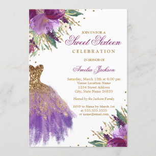 Elegant Glitter Amethyst Dress Sweet Sixteen Invitation