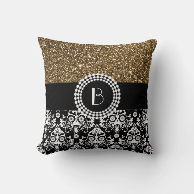 Elegant Glitter and Damask Pattern with Monogram Cushion (Front)
