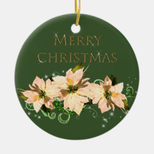 Elegant Glitter and Poinsettia Ceramic Ornament