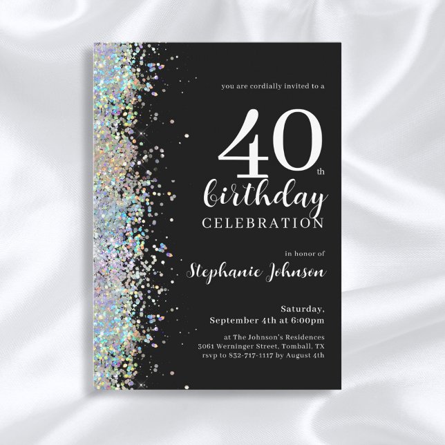 Elegant Glitter Black 40th Birthday Party Invitation (Mockup View)