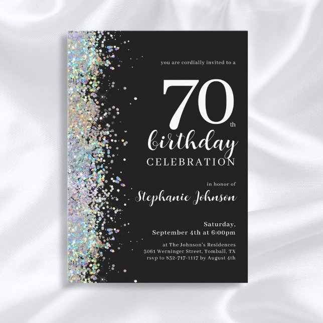 Elegant Glitter Black 70th Birthday Party Invitation (Mockup View)