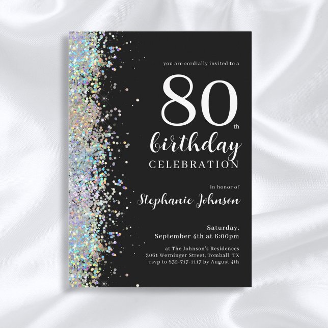 Elegant Glitter Black 80th Birthday Party Invitation (Mockup View)