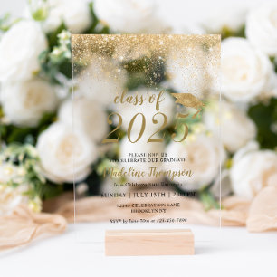 Elegant Glitter Black Gold Hat Graduation Party Acrylic Invitations
