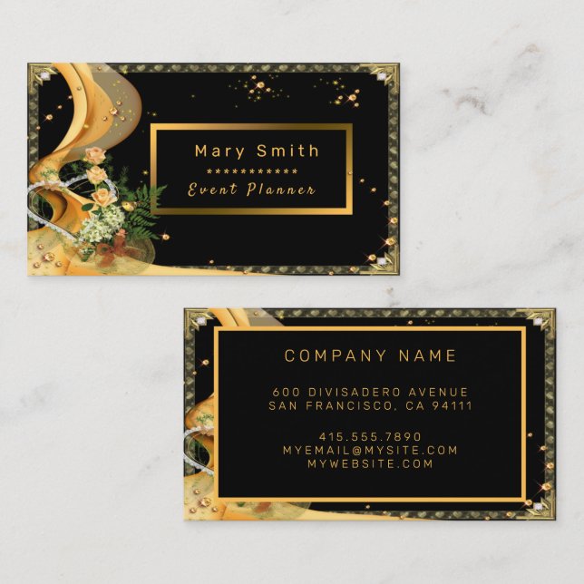 Elegant Glitter Black Gold Rose Add Your Text Business Card (Front/Back)