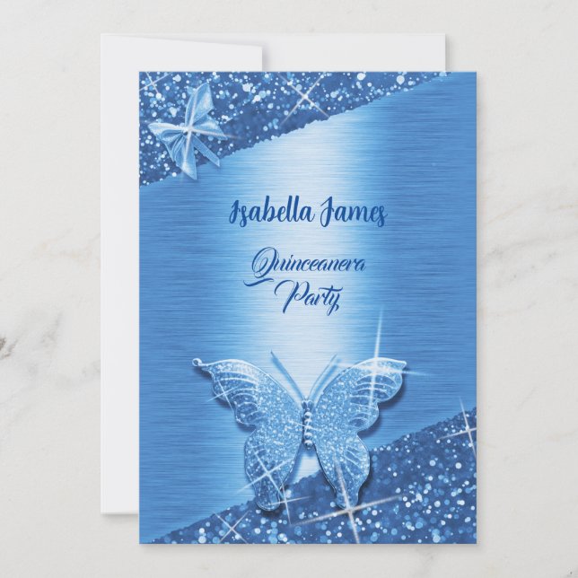 elegant glitter blue foil sparkle chic Butterfly Invitation (Front)