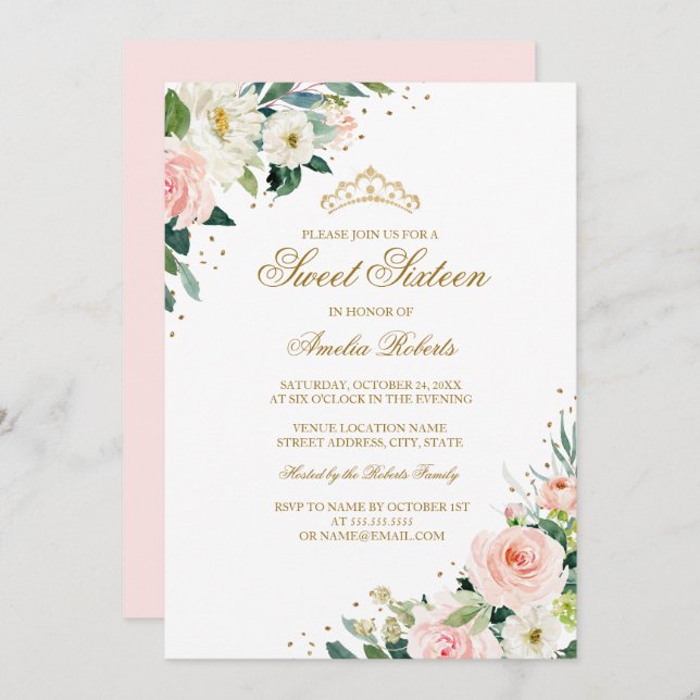 Elegant Glitter Blush Gold Floral Sweet Sixteen Invitation (Front/Back)
