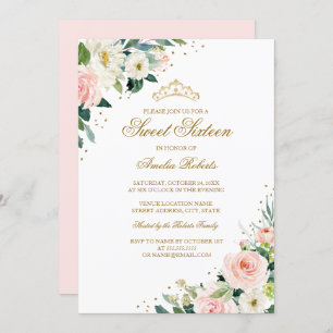 Elegant Glitter Blush Gold Floral Sweet Sixteen Invitation