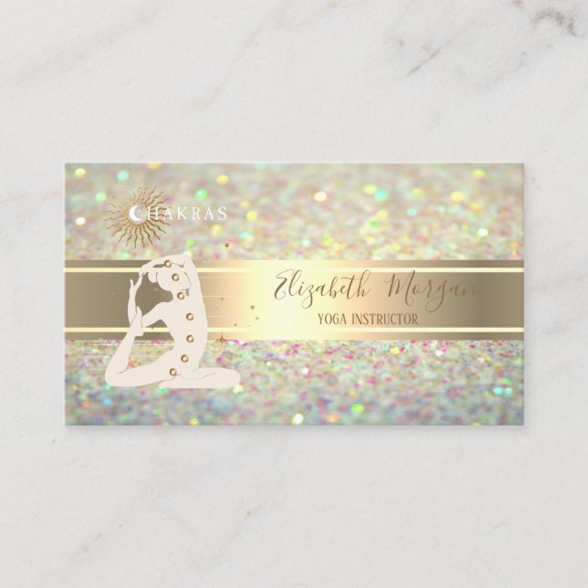 Elegant Glitter Bokeh,Gold Stripe Yoga Silhouette Business Card (Front)