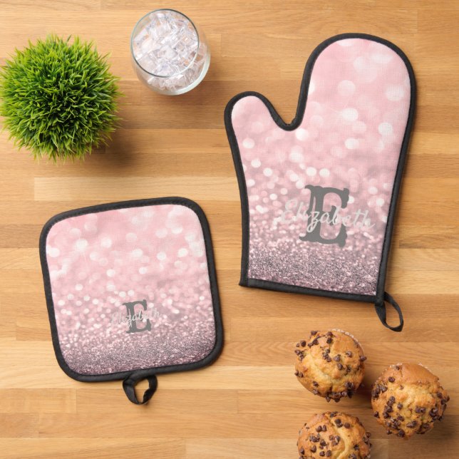 Elegant Glitter Bokeh Monogram Oven Mitt & Pot Holder Set (Top Down)