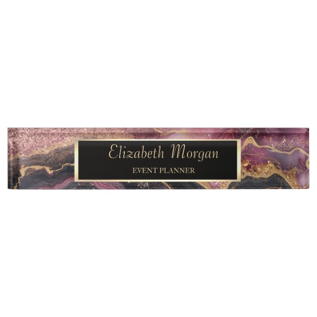 Elegant Glitter Bokeh Ombre,Burgundy Marble Nameplate (Front)