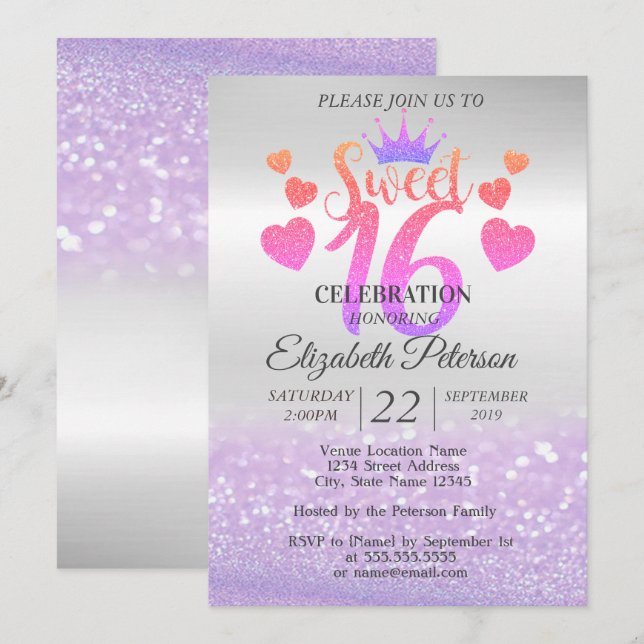 Elegant  Glitter Bokeh Ombre,Tiara,Sweet 16 Party Invitation (Front/Back)