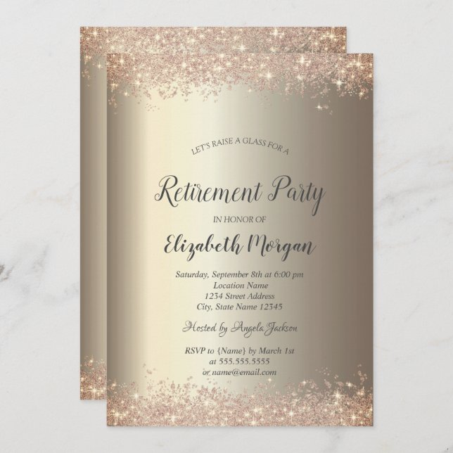 Elegant Glitter Border Champagne Retirement  Invitation (Front/Back)