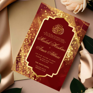 Elegant Glitter Burgundy Islamic Muslim Wedding Invitation