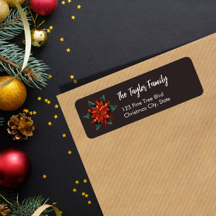 Elegant Glitter Christmas Holiday Red Poinsettia Return Address Label