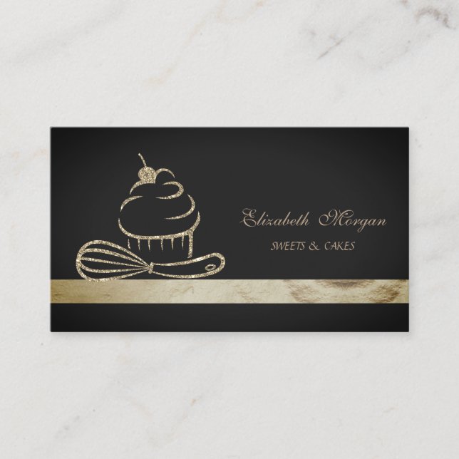 Elegant Glitter Cupcake Black Bakery Business Card (Front)