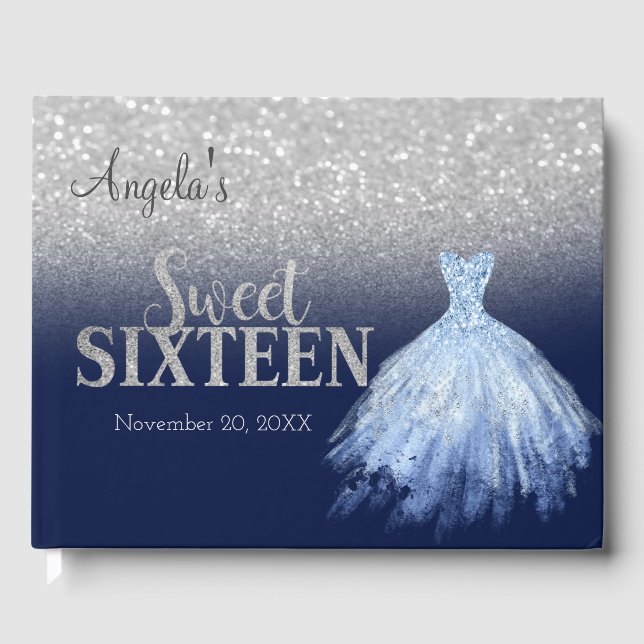Elegant Glitter Dress Bokeh Blue Sweet 16  Guest Book (Front)