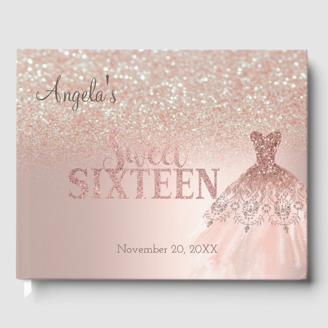 Elegant Glitter Dress Bokeh Rose Gold Sweet 16 Guest Book (Front)