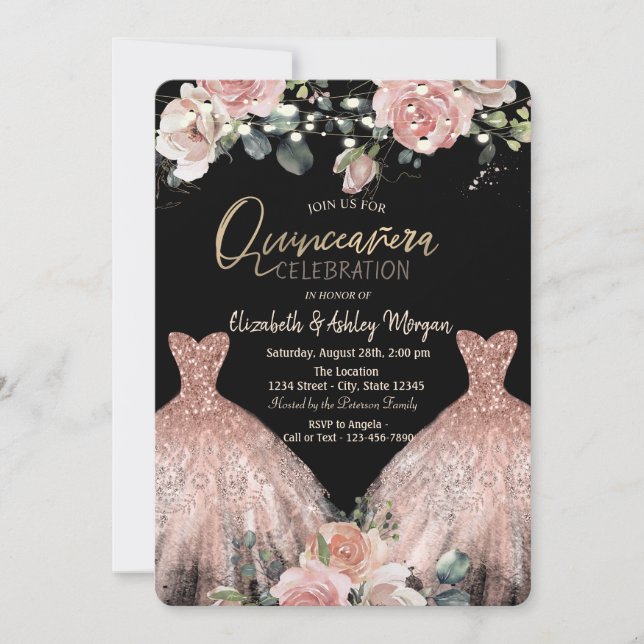  Elegant Glitter Dress Chic Roses Quinceanera Invitation (Front)