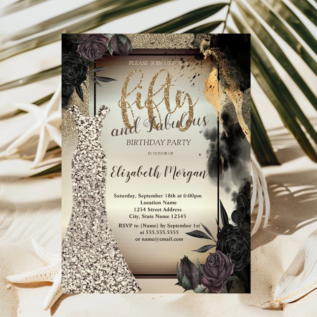 Elegant Glitter Dress,Dark Roses 50th Birthday  Invitation (Creator Uploaded)