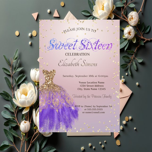  Elegant Glitter Dress Diamonds Pink Sweet 16  Invitation (Creator Uploaded)