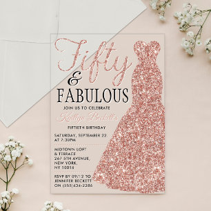 Elegant Glitter Dress   Fifty & Fabulous Birthday Acrylic Invitations