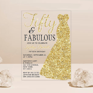 Elegant Glitter Dress   Fifty & Fabulous Birthday Acrylic Invitations