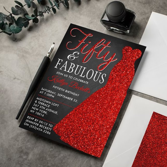Elegant Glitter Dress | Fifty & Fabulous Birthday Invitation (Creator Uploaded)
