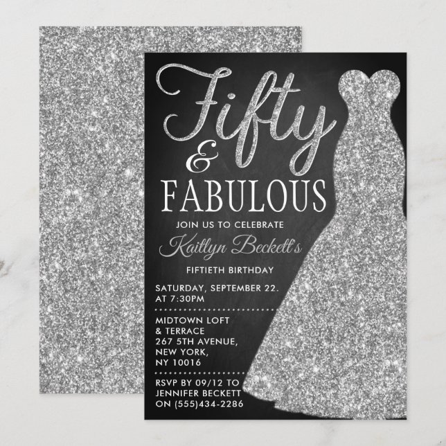 Elegant Glitter Dress | Fifty & Fabulous Birthday Invitation (Front/Back)