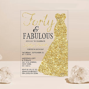 Elegant Glitter Dress   Forty & Fabulous Birthday Acrylic Invitations