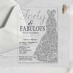 Elegant Glitter Dress   Forty & Fabulous Birthday Acrylic Invitations