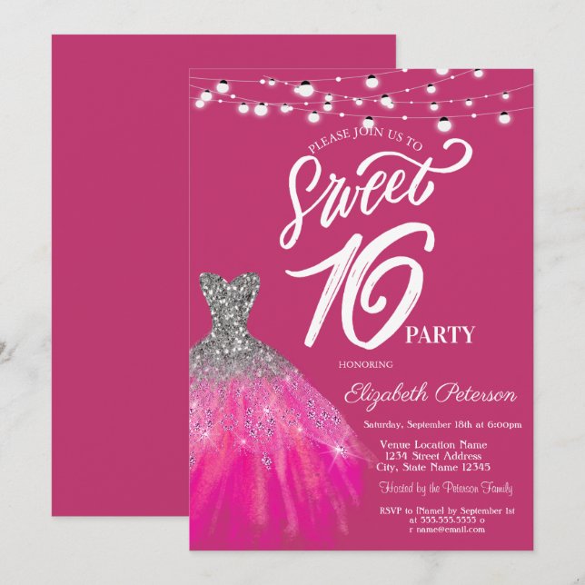  Elegant Glitter Dress String Lights Sweet 16 Invitation (Front/Back)