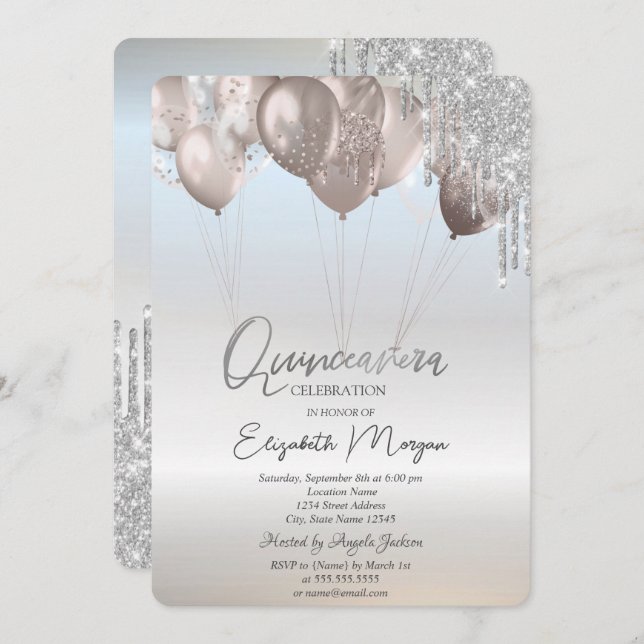 Elegant Glitter Drips Balloons Silver Quinceañera Invitation (Front/Back)