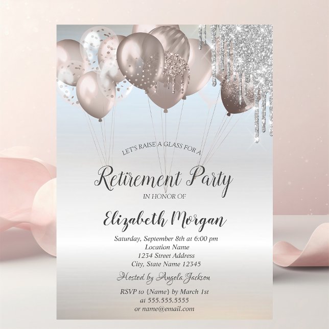 Elegant Glitter Drips Balloons Silver Retirement   Invitation (Creator Uploaded)