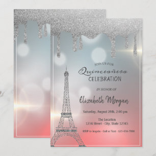Elegant Glitter Drips, Eiffel Tower Quinceanera Invitation