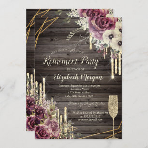 Elegant Glitter Drips,Glass,Floral Retirement   Invitation