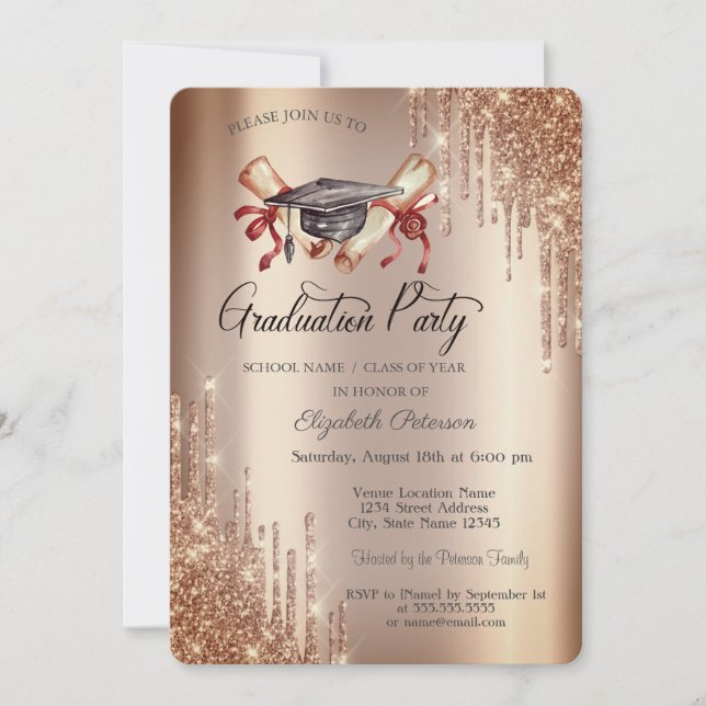 Elegant Glitter Drips,Grad Cap Diploma Graduation  Invitation (Front)