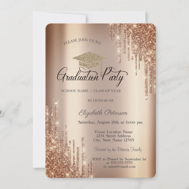 Elegant Glitter Drips,Grad Cap Graduation  Invitation (Front)