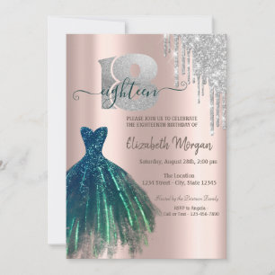 Elegant Glitter Drips Green Dress 18th Birthday Invitation