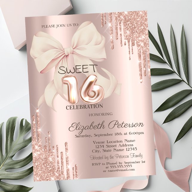 Elegant Glitter Drips Pink Bow Rose Gold Sweet 16  Invitation (Creator Uploaded)