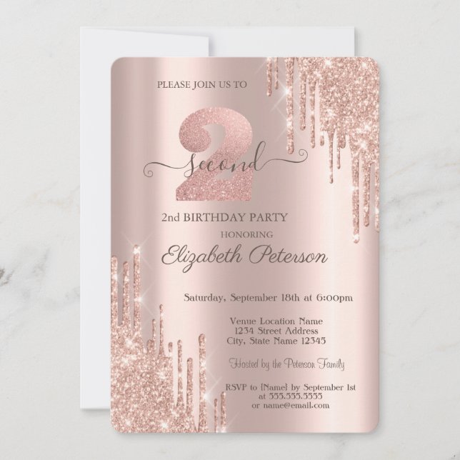 Elegant Glitter Drips Rose Gold 2nd Birthday   Invitation (Front)