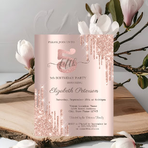 Elegant Glitter Drips Rose Gold 5th Birthday Invitation