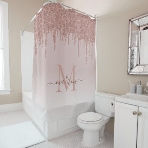Elegant Glitter Drips Rose Gold Monogram Script Shower Curtain