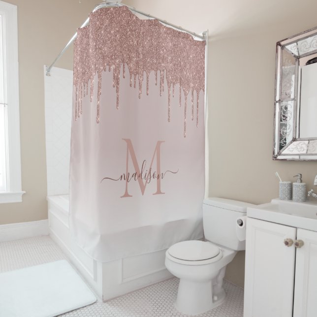 Elegant Glitter Drips Rose Gold Monogram Script Shower Curtain (In Situ)