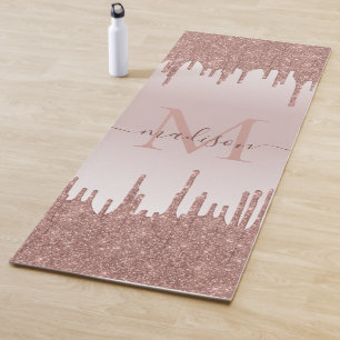 Elegant Glitter Drips Rose Gold Monogram Script Yoga Mat