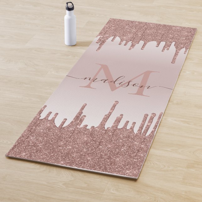 Elegant Glitter Drips Rose Gold Monogram Script Yoga Mat (In Situ)