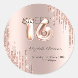 Elegant Glitter Drips Rose Gold  Sweet 16 Classic Round Sticker