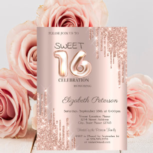 Elegant Glitter Drips Rose Gold Sweet 16 Invitation