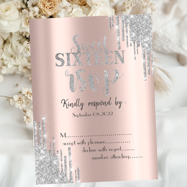 Elegant Glitter Drips Rose Gold Sweet 16 RSVP  Invitation (Creator Uploaded)