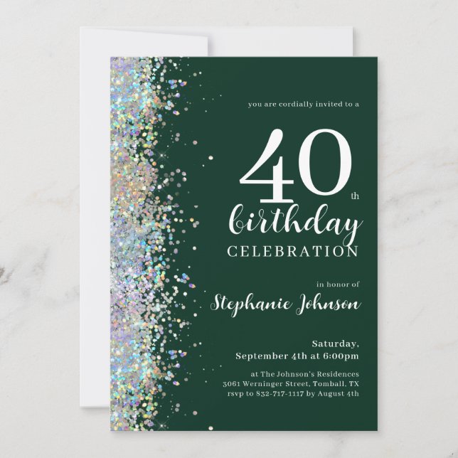 Elegant Glitter Emerald Green 40th Birthday Invitation (Front)